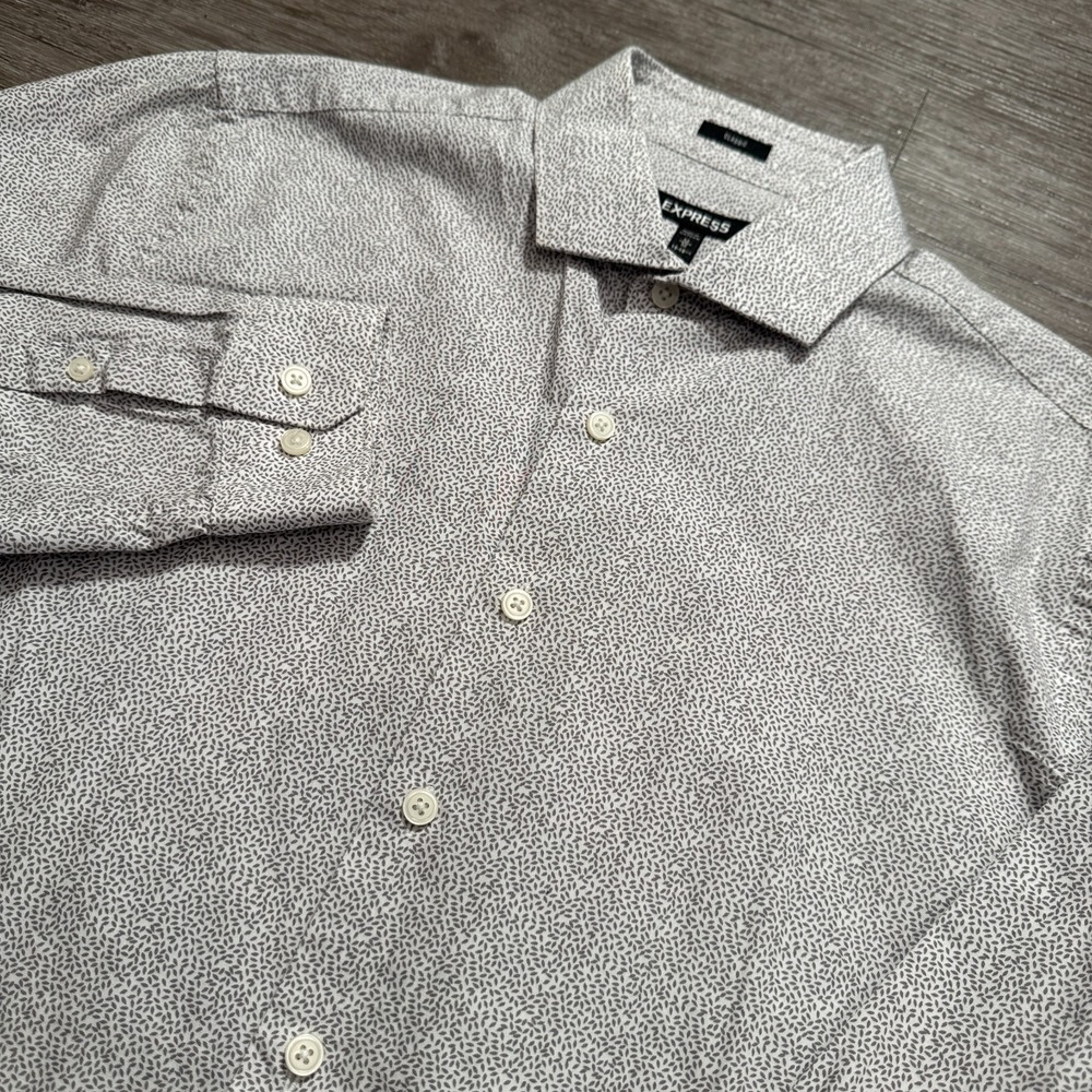 Express‎ Shirt Mens Medium Gray White Leaf Print 100% Cotton Classic Fit